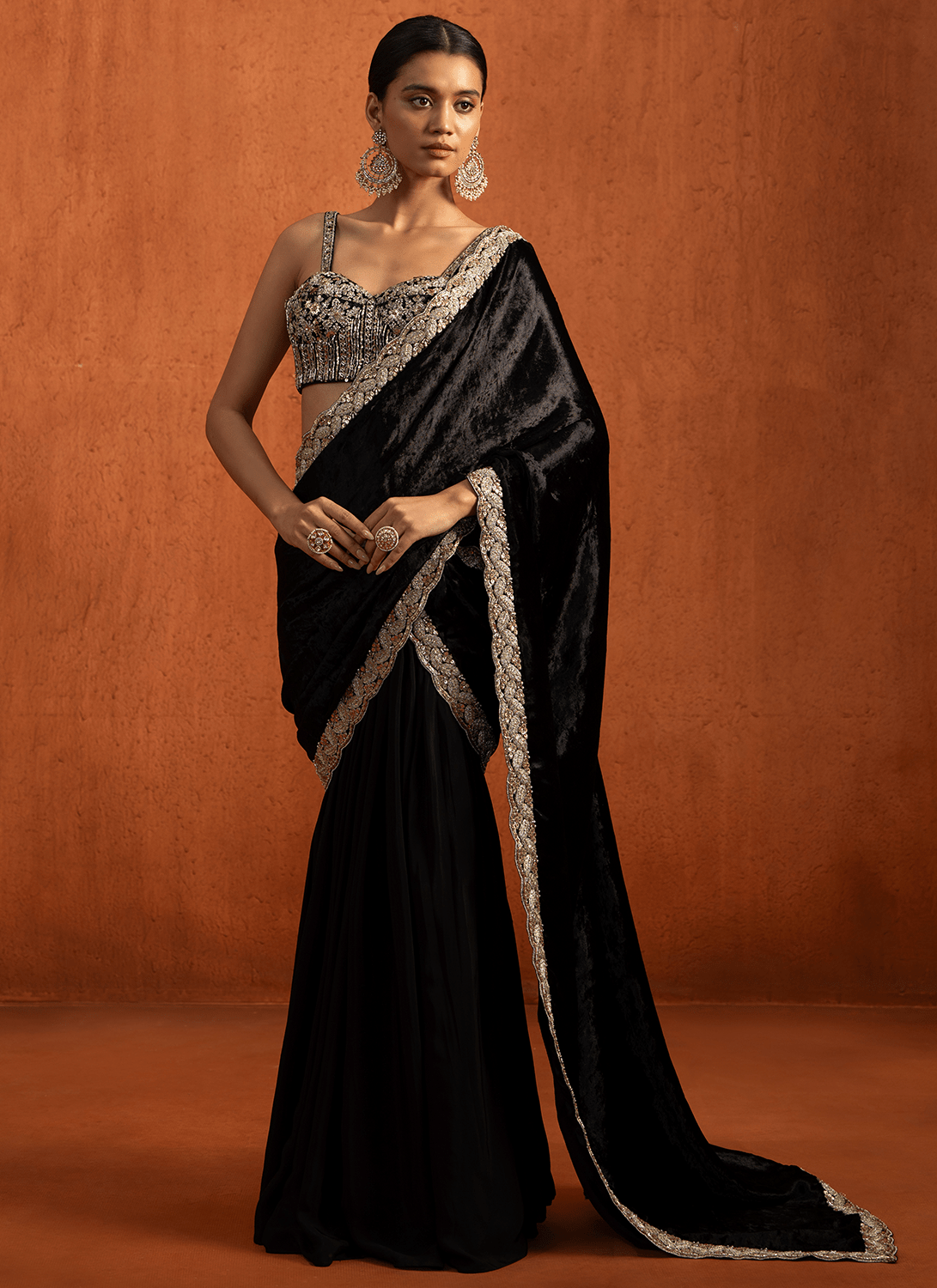 Black Embroidered Viscose Velvet Saree - Lashkaraa