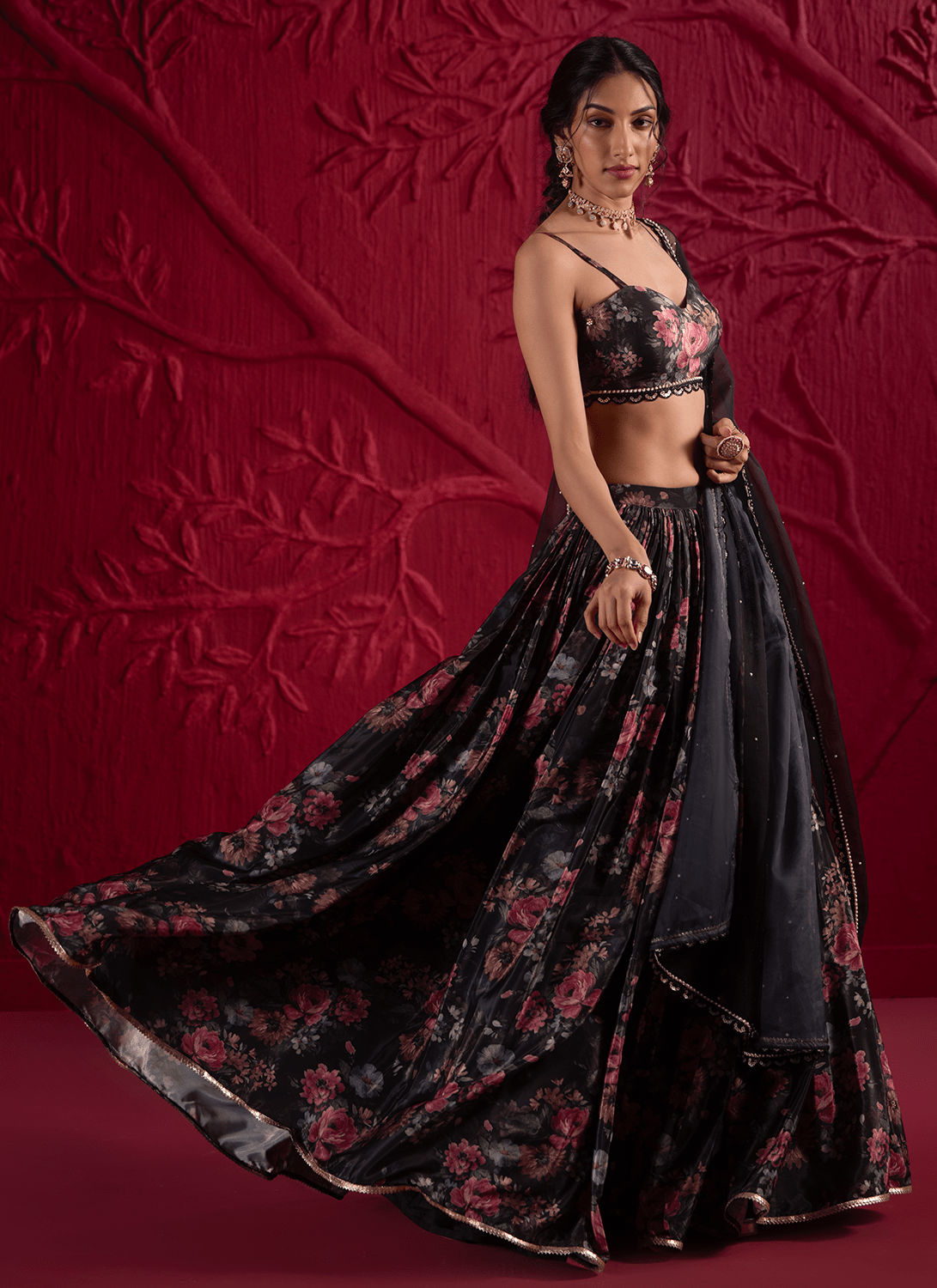 Black Floral Embroidered Crepe Silk Lehenga - Lashkaraa
