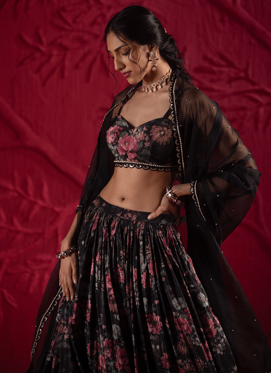 Black Floral Embroidered Crepe Silk Lehenga - Lashkaraa