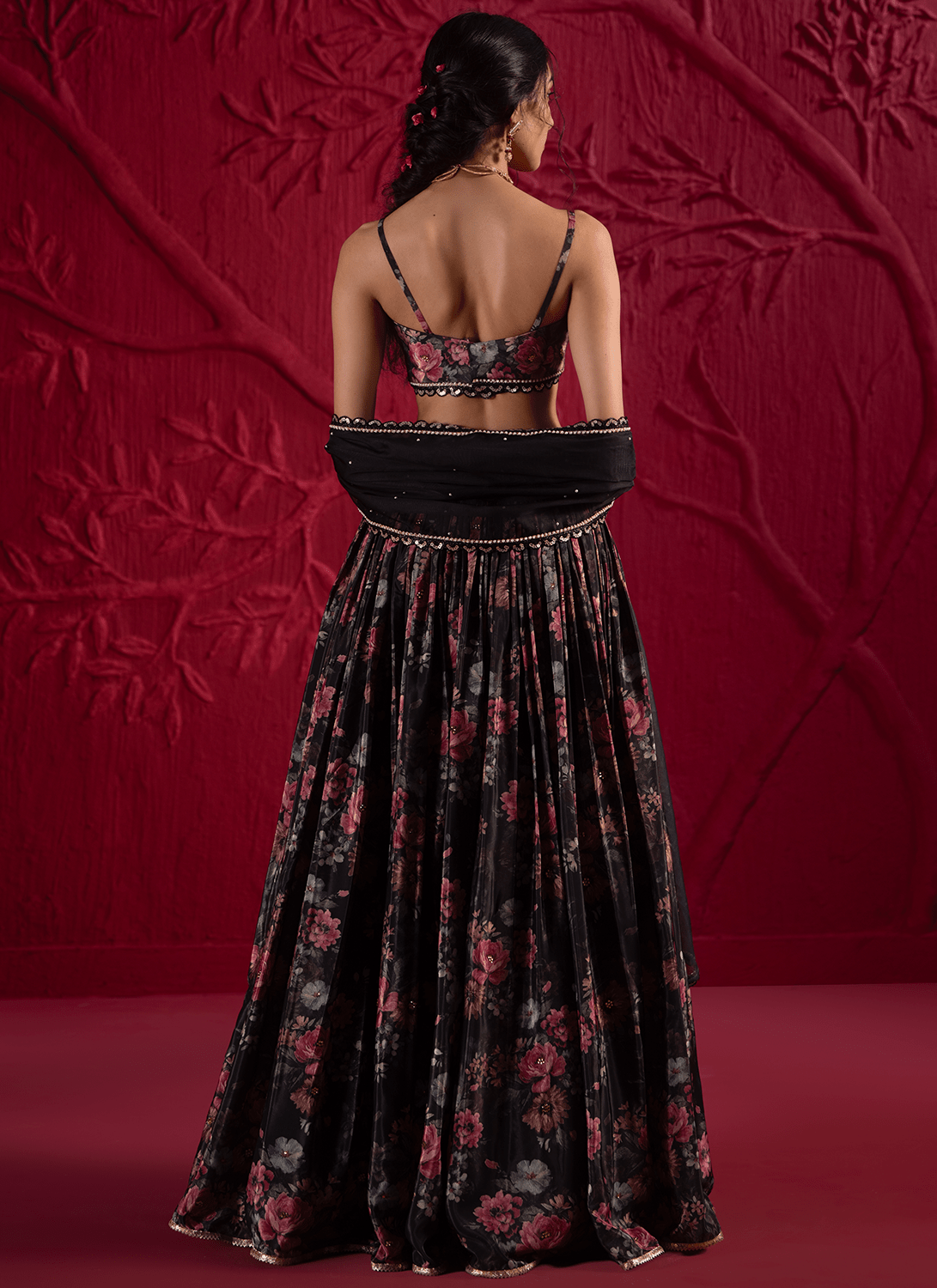 Black Floral Embroidered Crepe Silk Lehenga - Lashkaraa