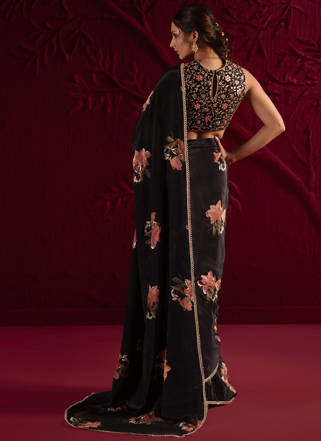 Black Floral Embroidered Crepe Silk Saree - Lashkaraa