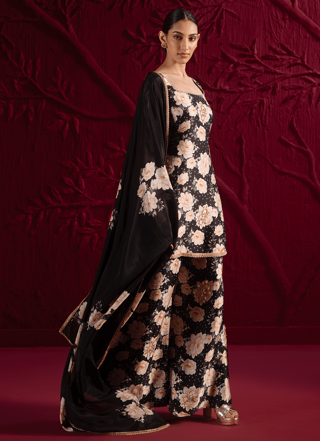 Black Floral Embroidered Satin Georgette Sharara Suit - Lashkaraa