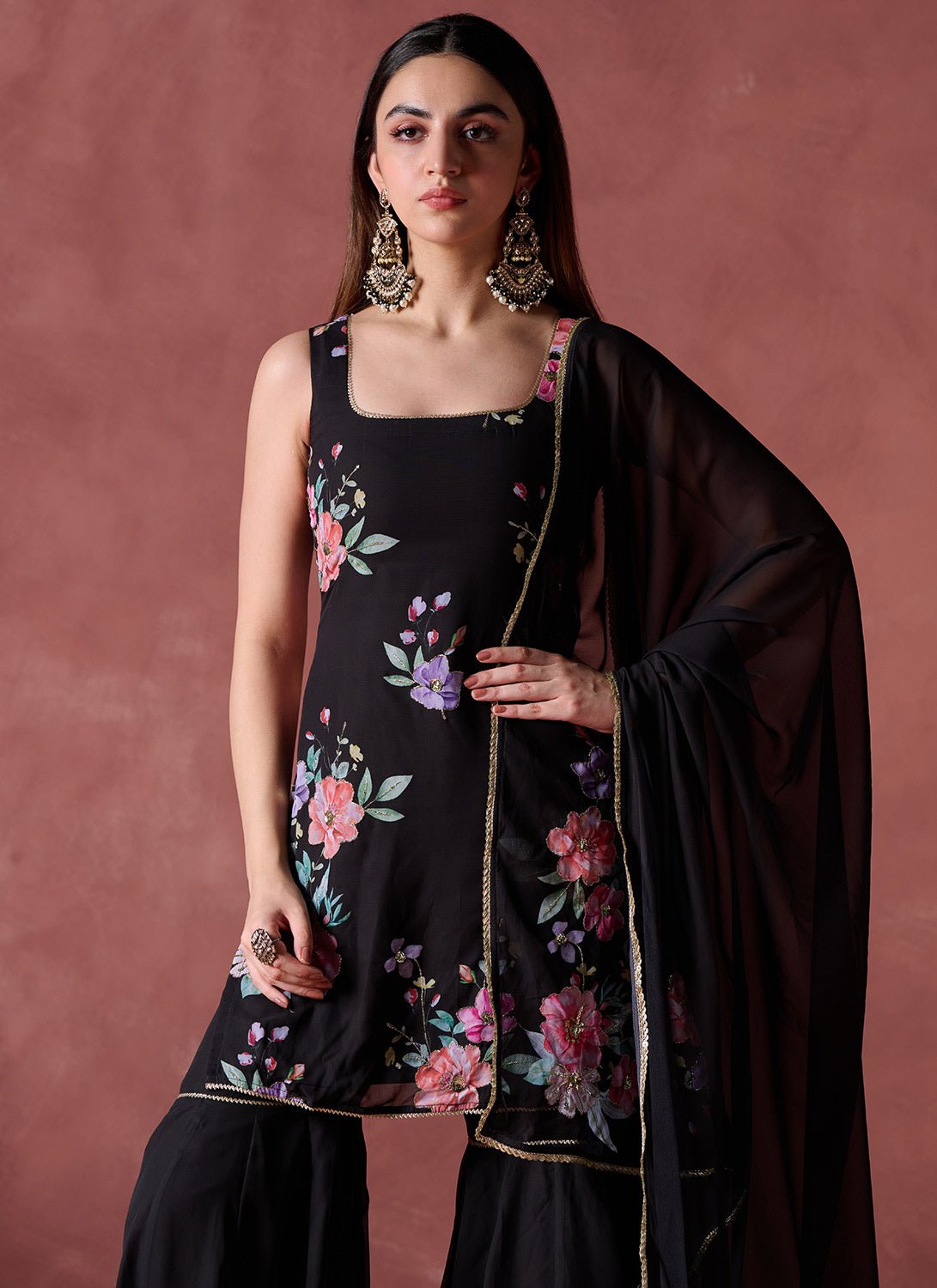 Black Floral Printed Georgette Gharara Suit - Lashkaraa