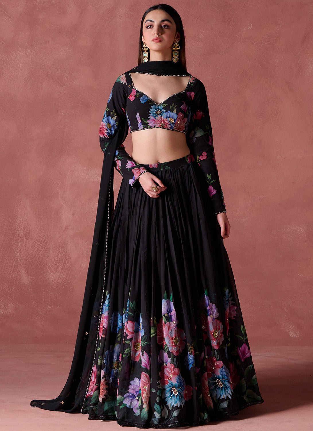 Black Floral Printed Georgette Lehenga - Lashkaraa