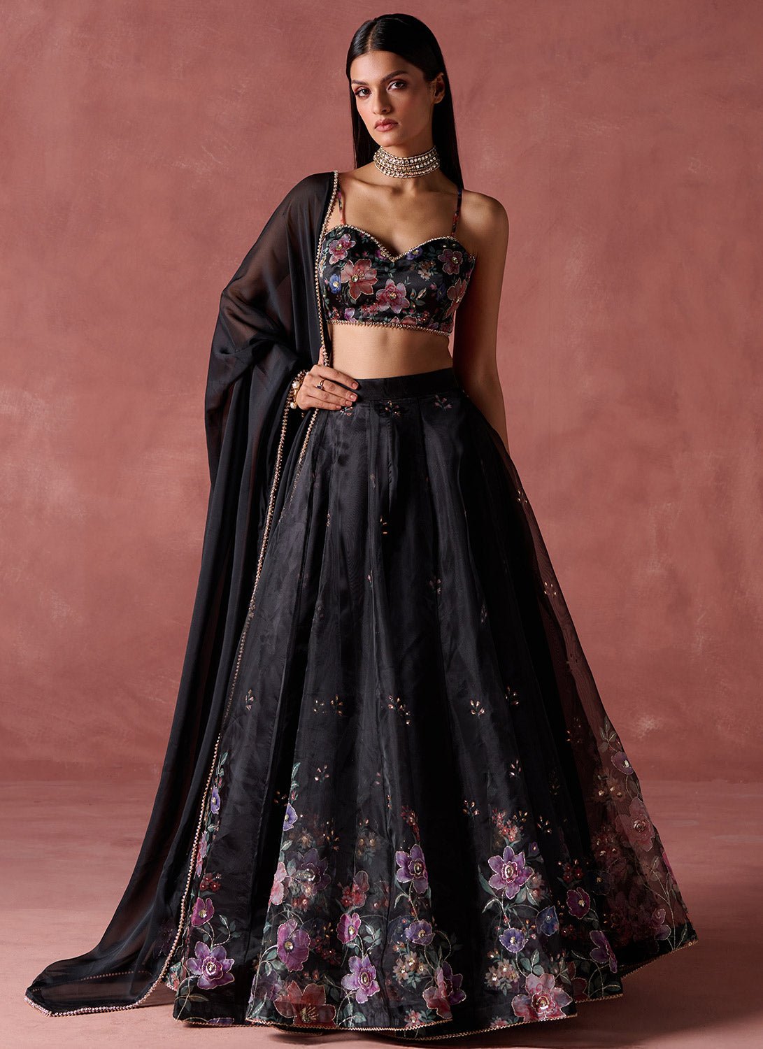 Black Floral Printed Organza Lehenga - Lashkaraa
