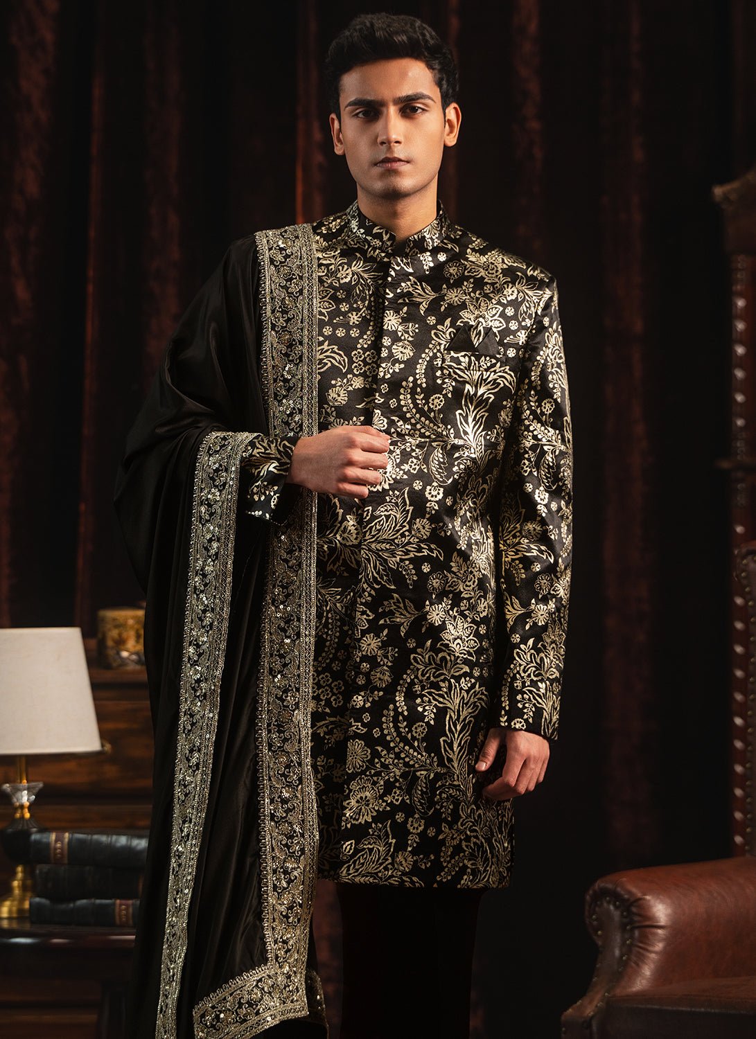 Black Foil Printed Sherwani Set - Lashkaraa