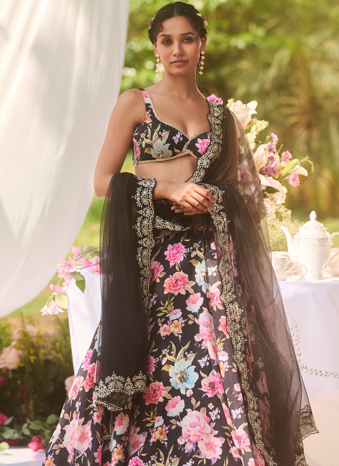 Black Multicolor Floral Printed Lehenga - Lashkaraa