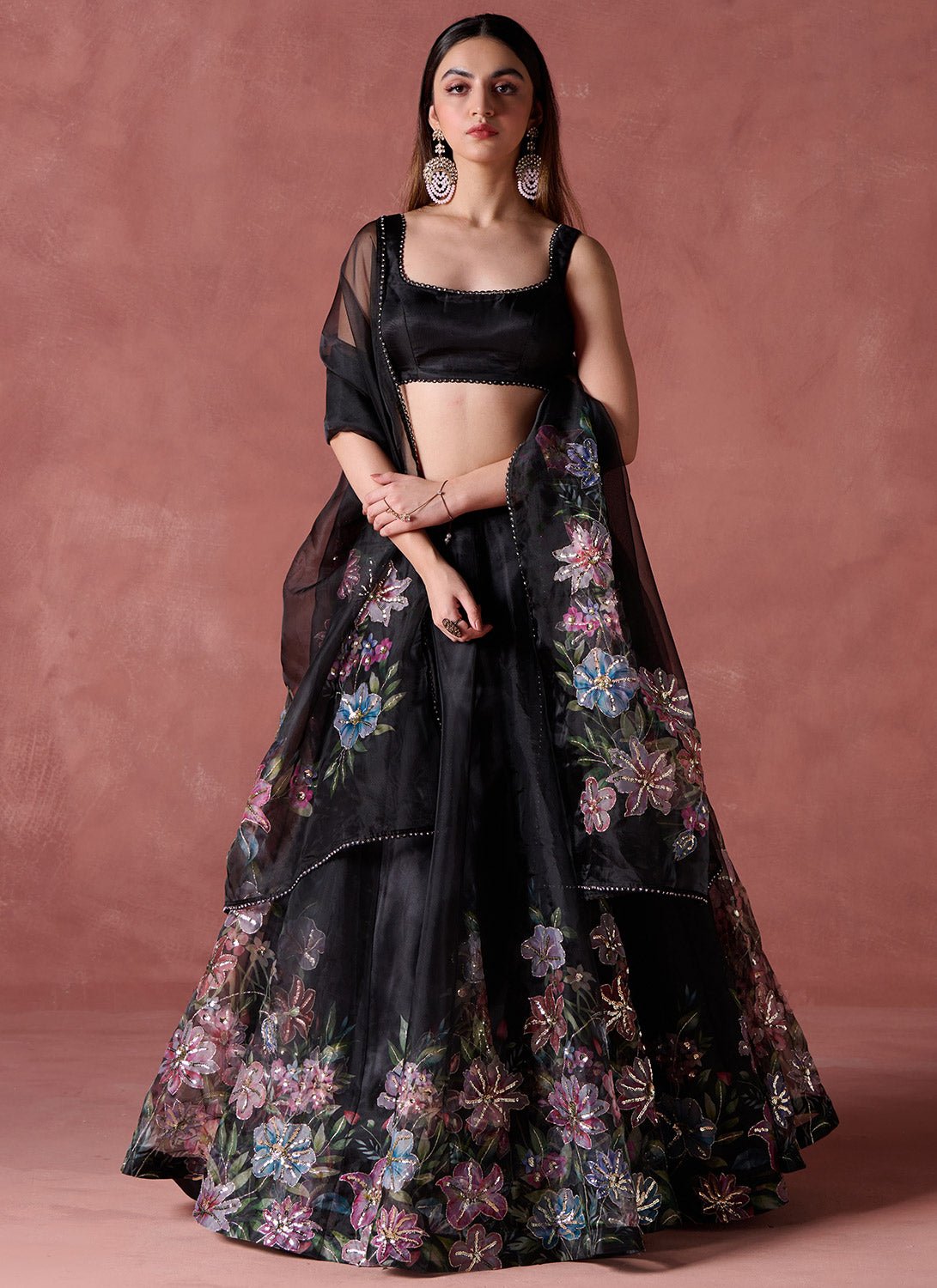 Black Multicolor Floral Printed Lehenga - Lashkaraa