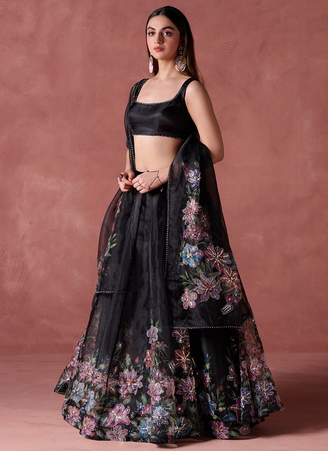 Black Multicolor Floral Printed Lehenga - Lashkaraa