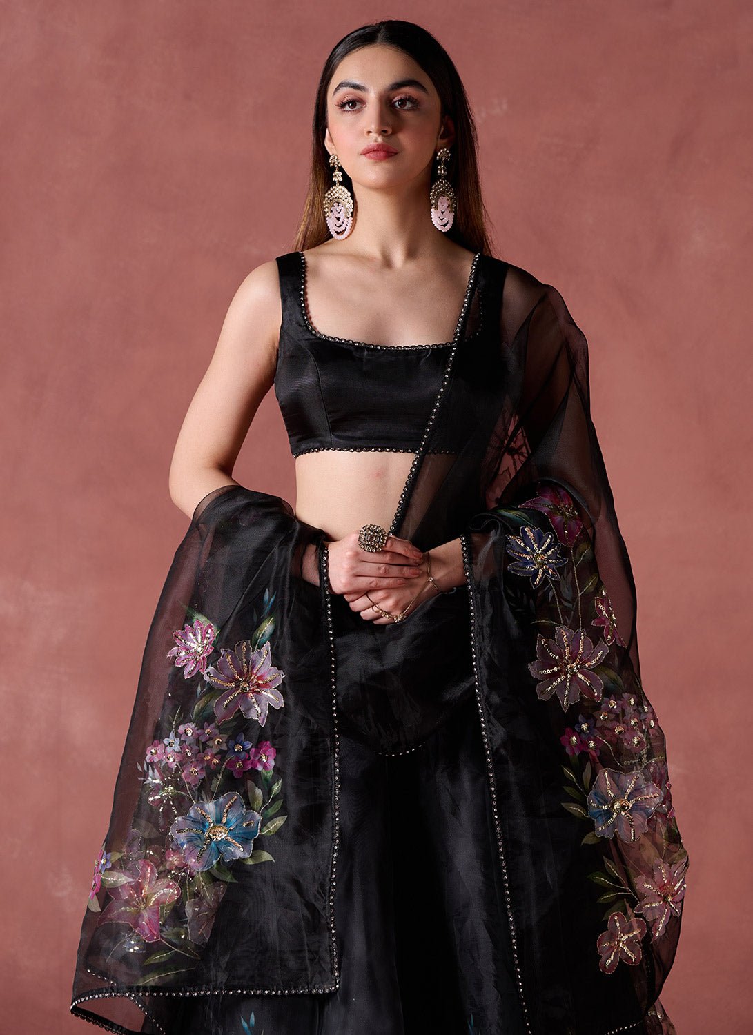 Black Multicolor Floral Printed Lehenga - Lashkaraa