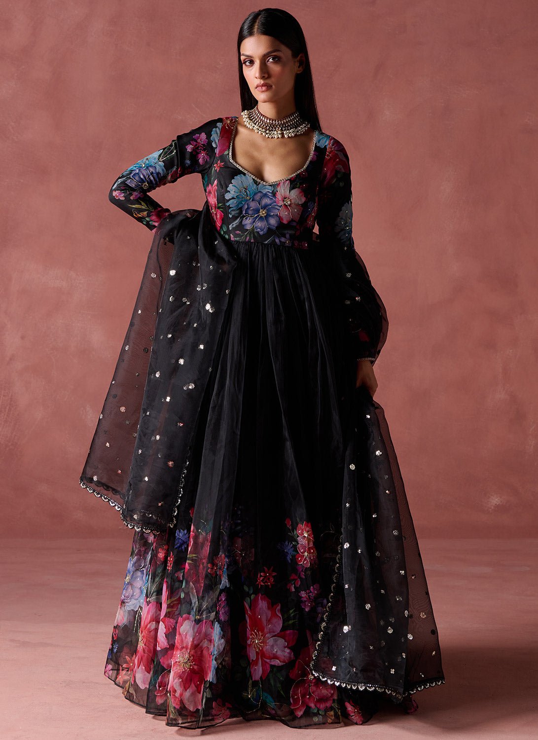 Black Multicolor Floral Printed Organza Anarkali - Lashkaraa