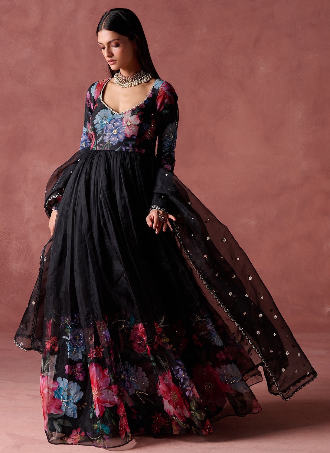 Black Multicolor Floral Printed Organza Anarkali - Lashkaraa