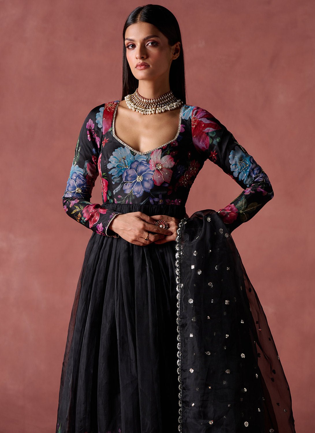 Black Multicolor Floral Printed Organza Anarkali - Lashkaraa