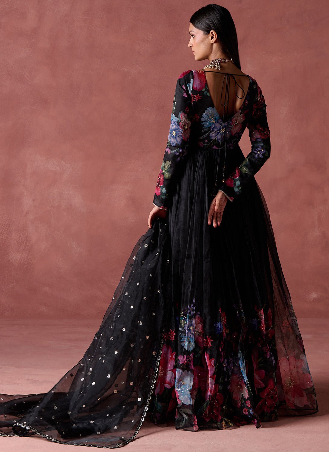 Black Multicolor Floral Printed Organza Anarkali - Lashkaraa