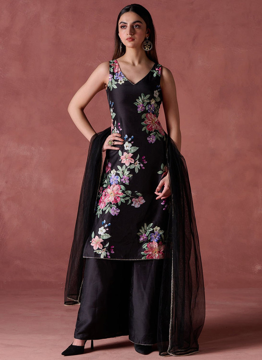 chinese dress ladies Black Multicolor Floral Printed Palazzo Suit
