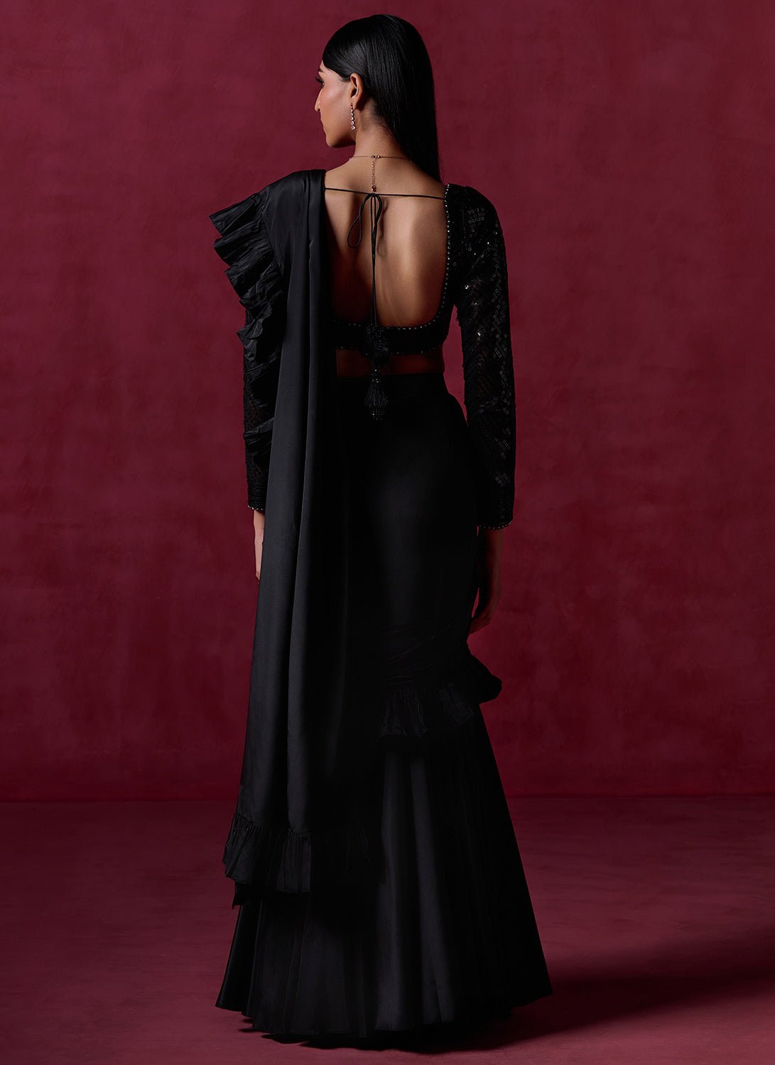 Black Ruffled Crepe Saree - Lashkaraa