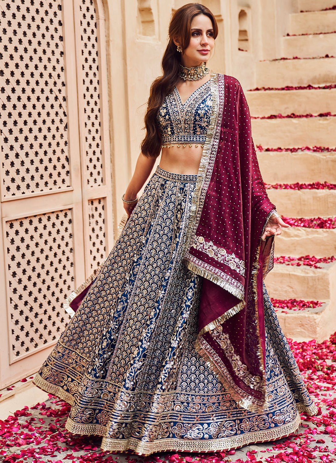Blue and Maroon Embroidered Lehenga - Lashkaraa
