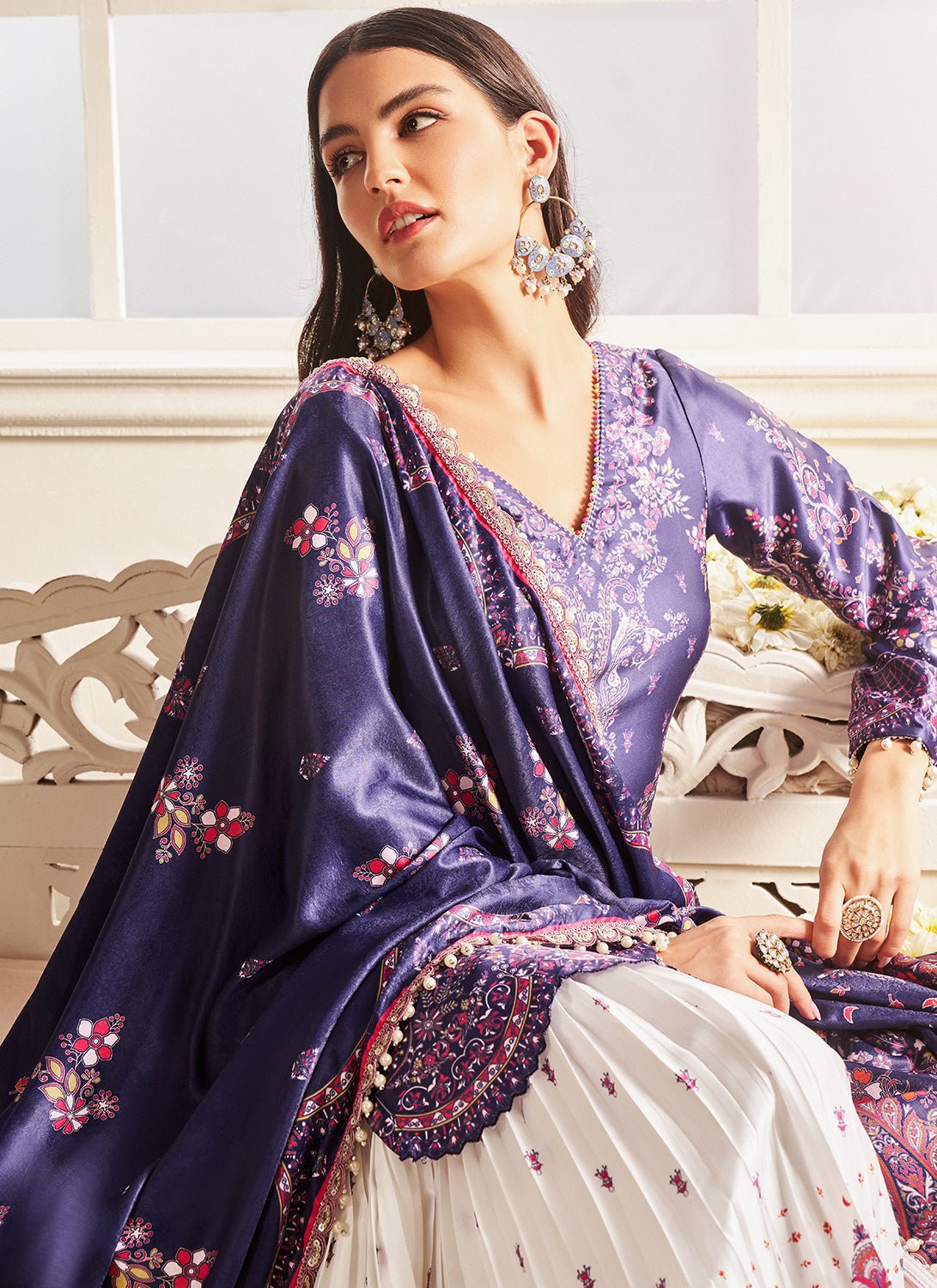 Blue and White Floral Printed Gharara Suit - Lashkaraa