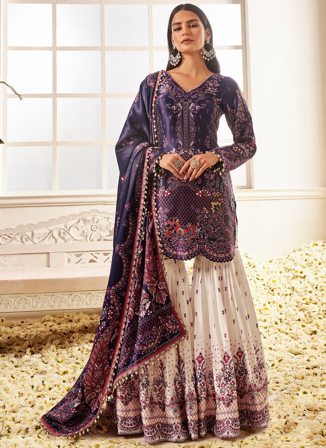 Blue and White Floral Printed Gharara Suit - Lashkaraa
