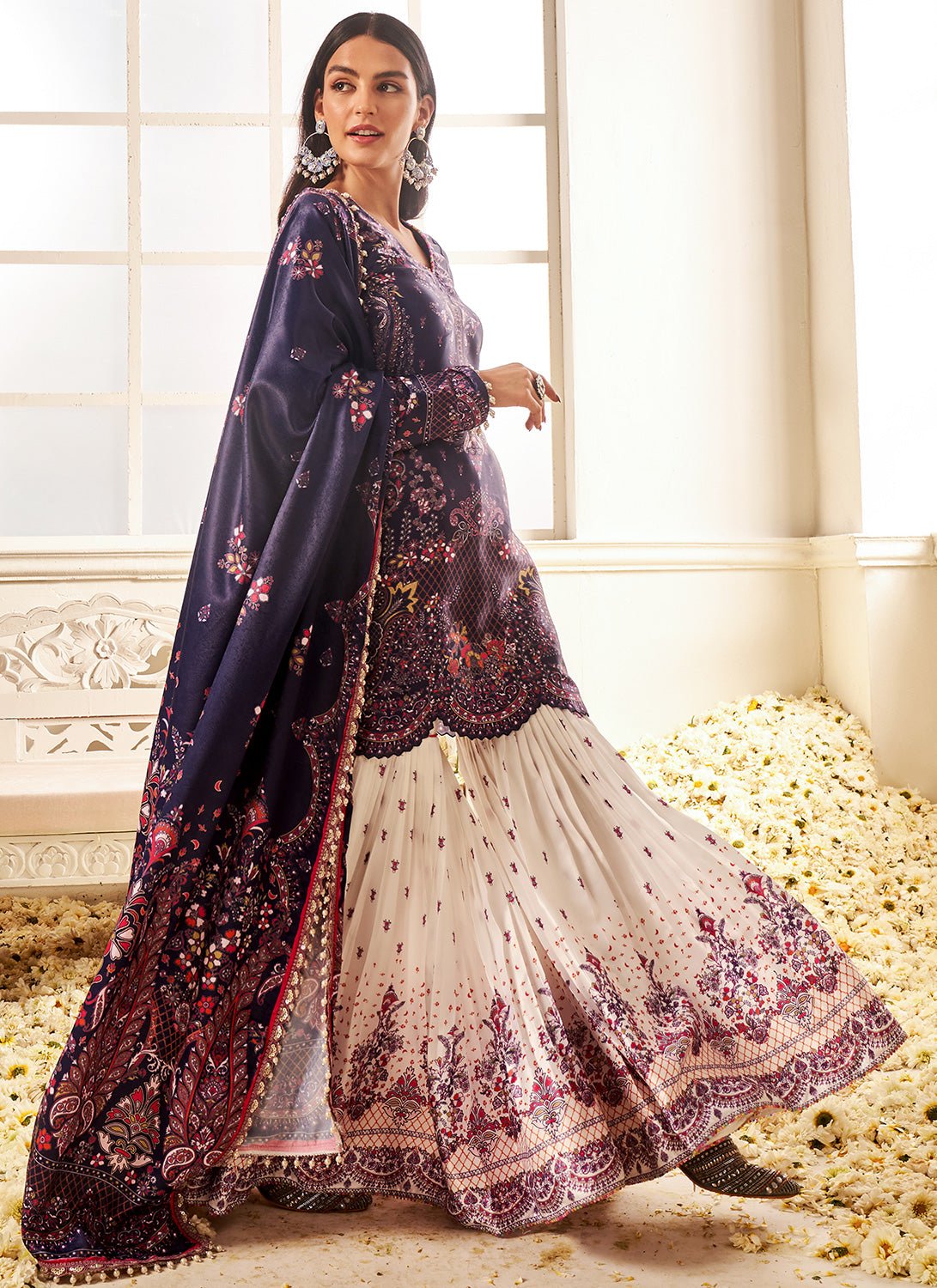 Blue and White Floral Printed Gharara Suit - Lashkaraa