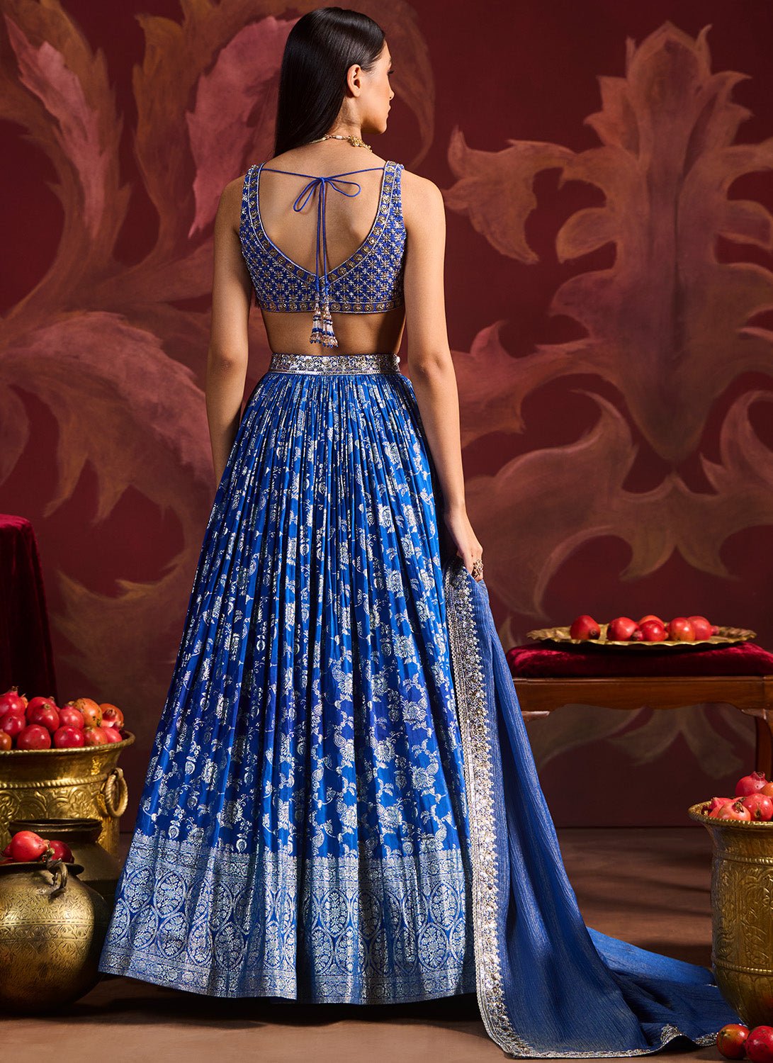 Blue Embroidered Brocade Lehenga - Lashkaraa