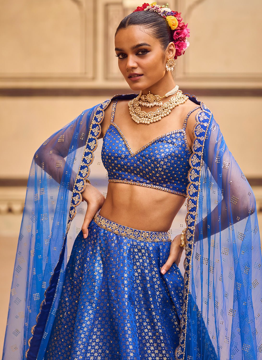 Blue Embroidered Brocade Lehenga - Lashkaraa