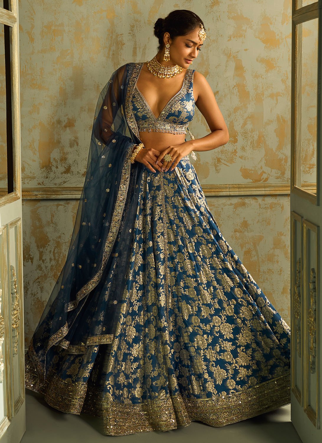 Blue Embroidered Brocade Lehenga - Lashkaraa