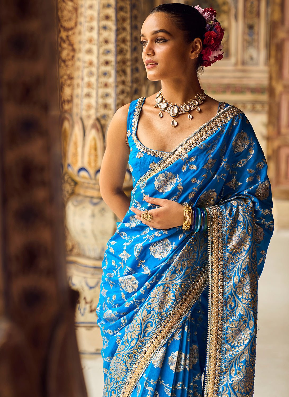 Blue Embroidered Brocade Saree - Lashkaraa