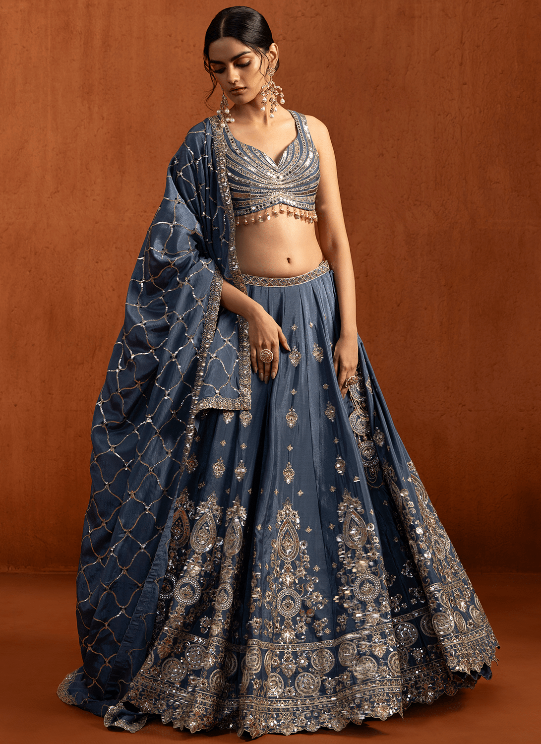 Blue Embroidered Chiffon Lehenga - Lashkaraa
