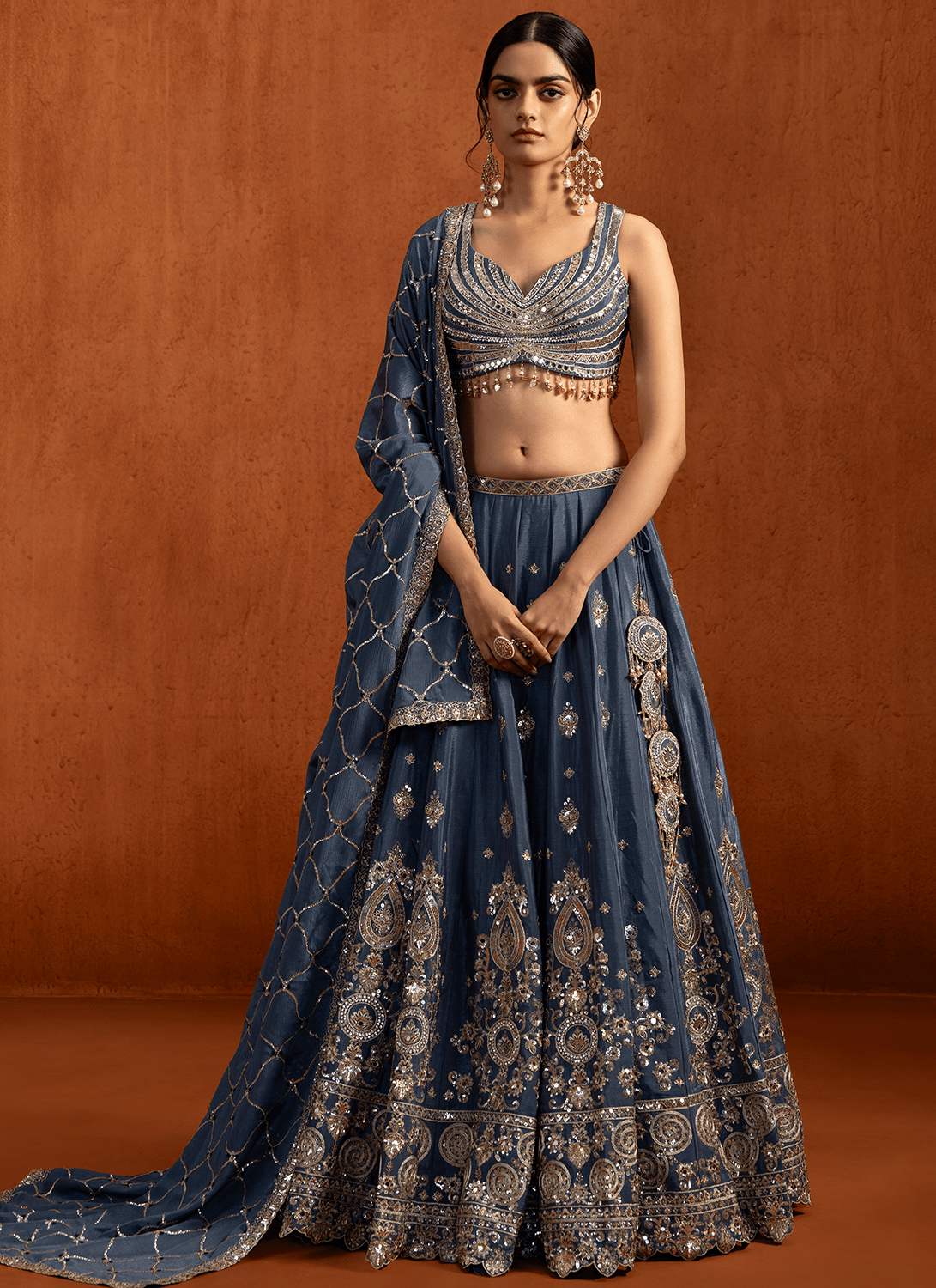 Blue Embroidered Chiffon Lehenga - Lashkaraa