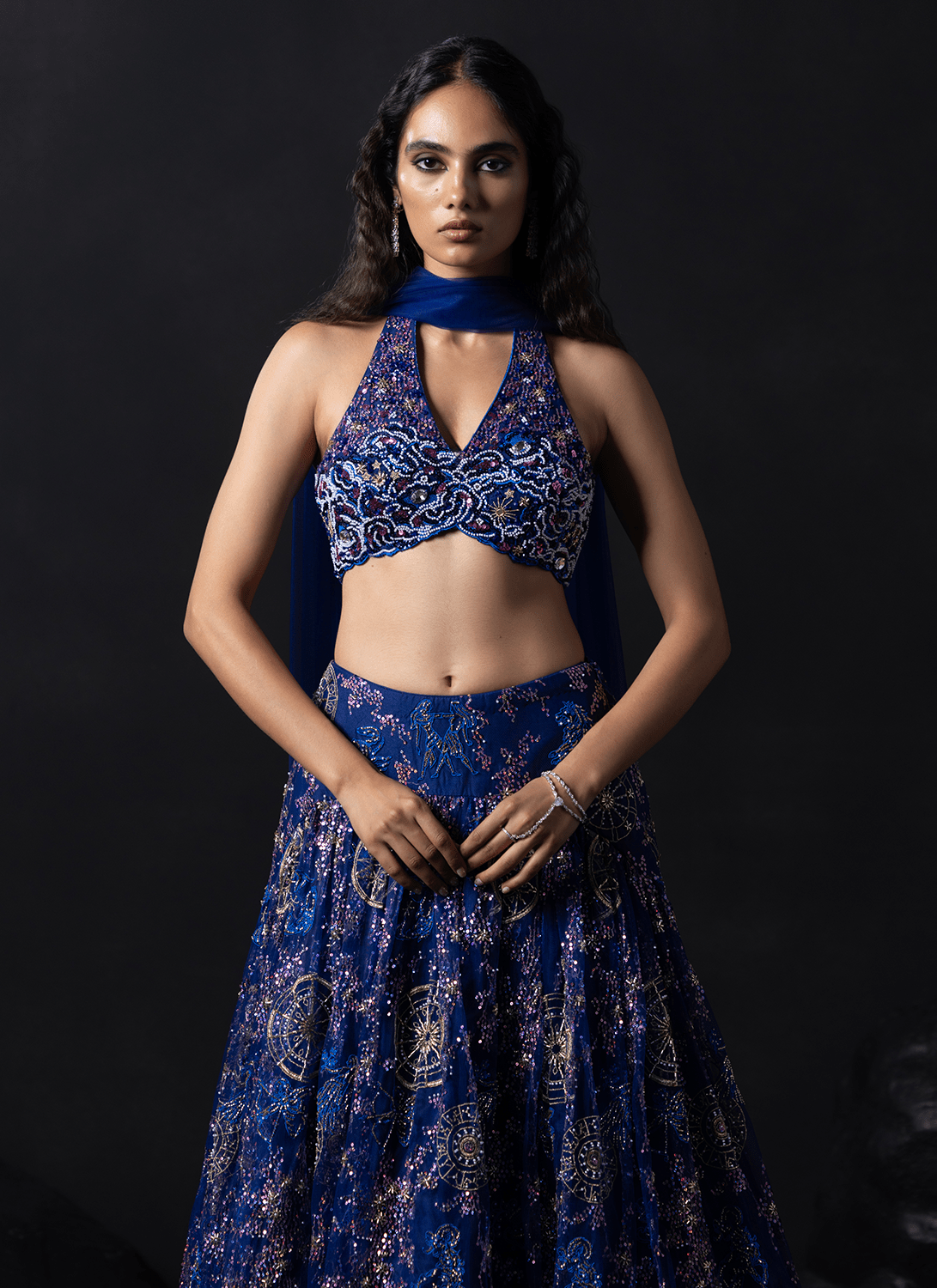 Blue Embroidered Net Lehenga - Lashkaraa