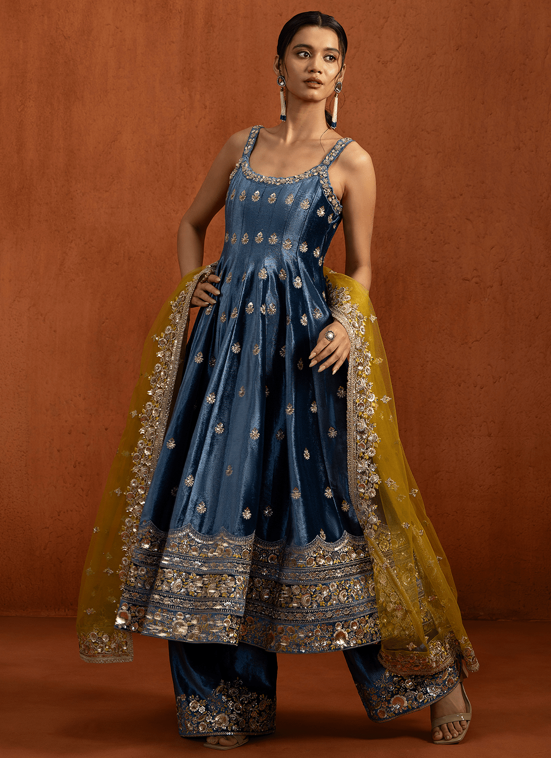 Blue Embroidered Velvet Anarkali - Lashkaraa