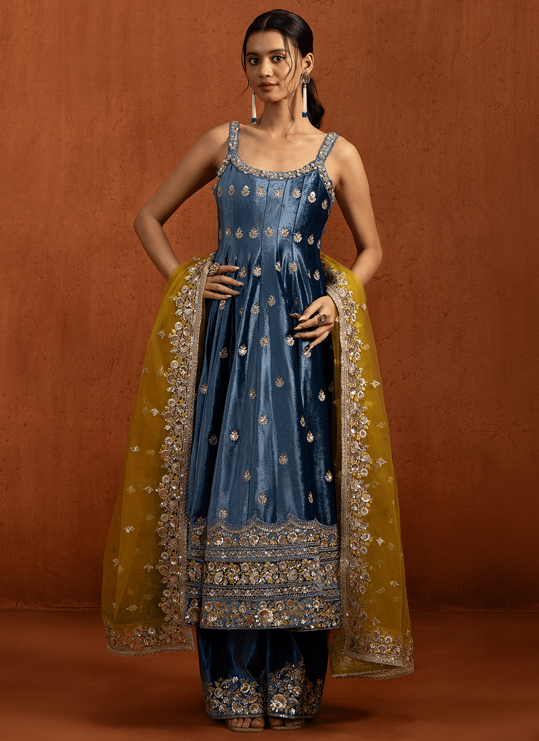 Blue Embroidered Velvet Anarkali - Lashkaraa