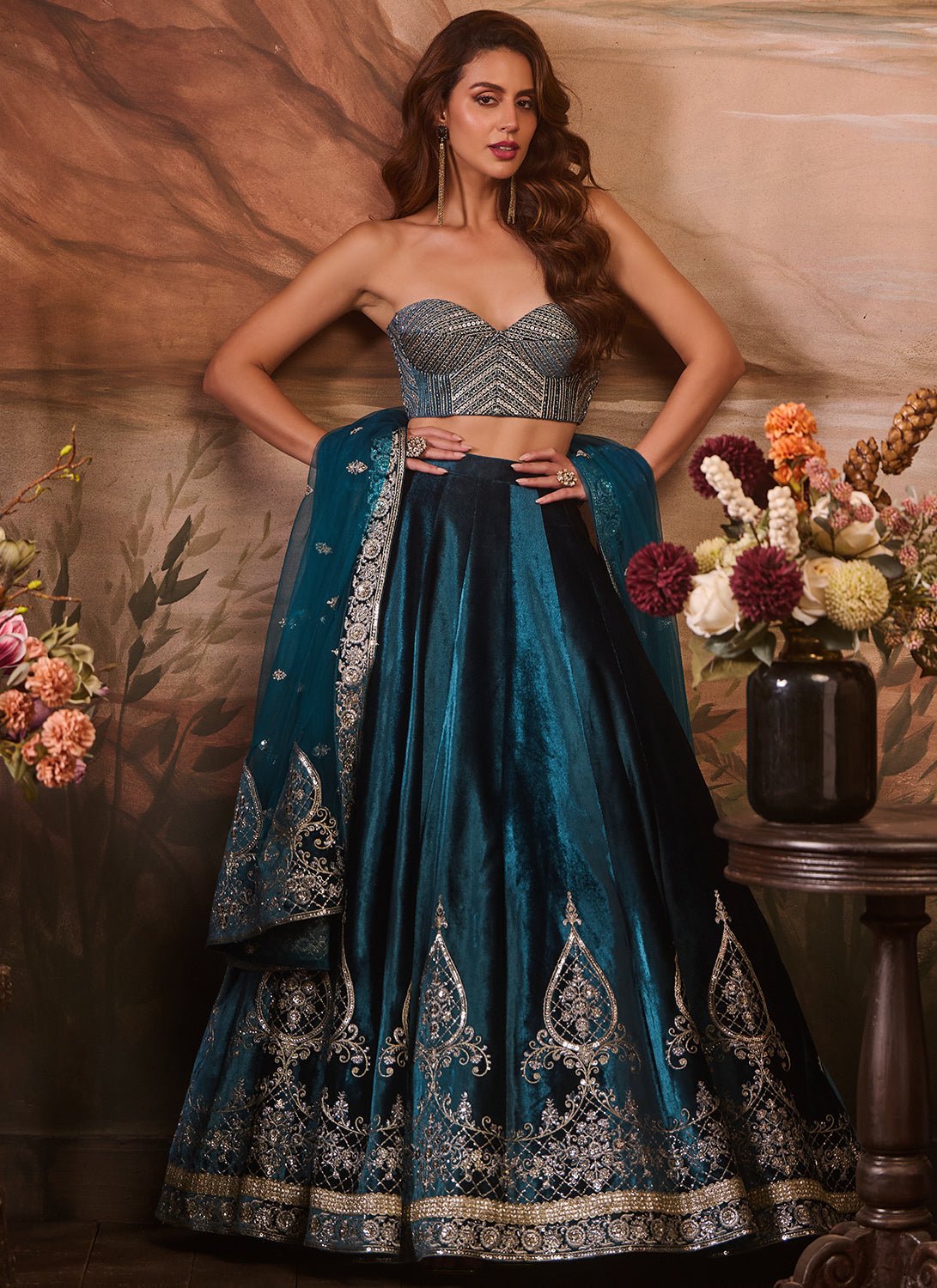 Blue Embroidered Velvet Corset Style Lehenga - Lashkaraa