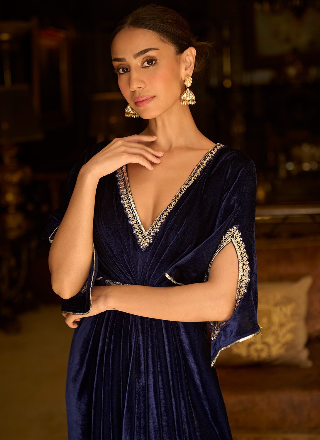 Blue Embroidered Velvet Kaftan - Lashkaraa