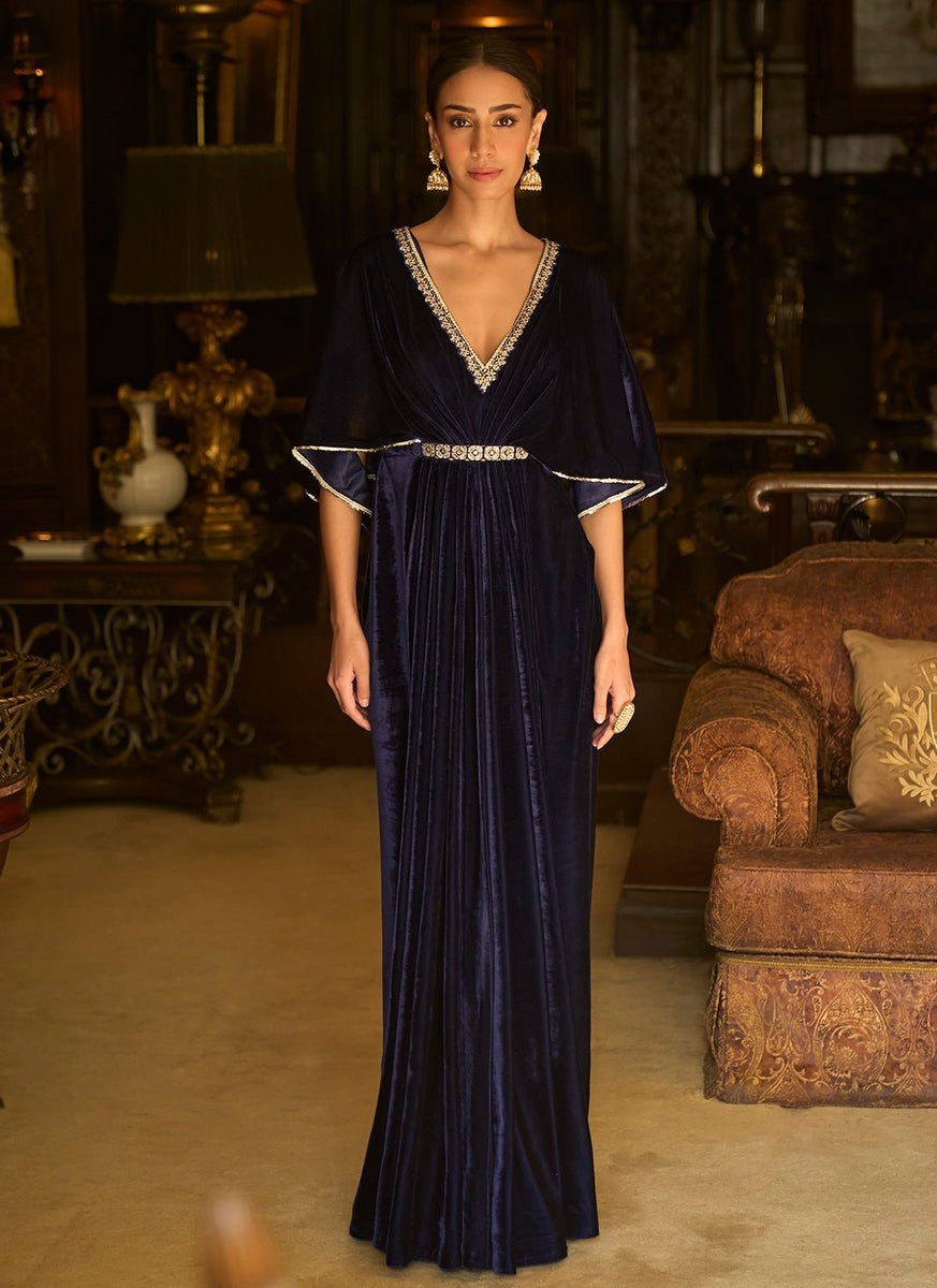 Blue Embroidered Velvet Kaftan XS