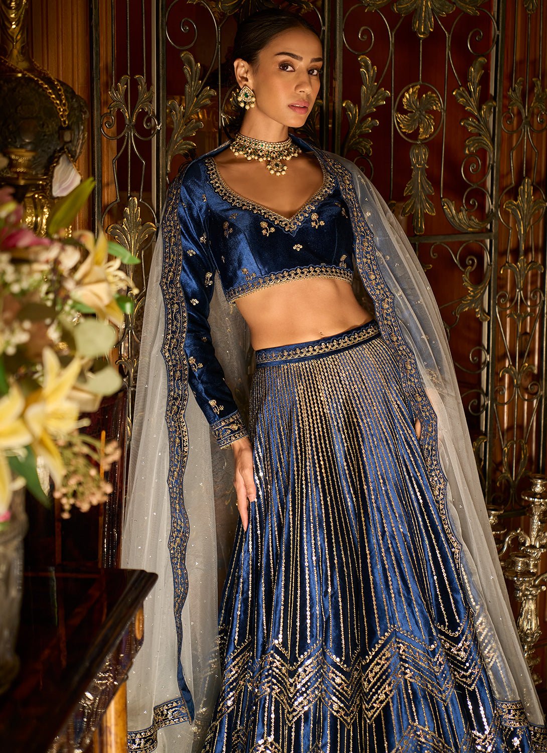 Blue Embroidered Velvet Lehenga - Lashkaraa