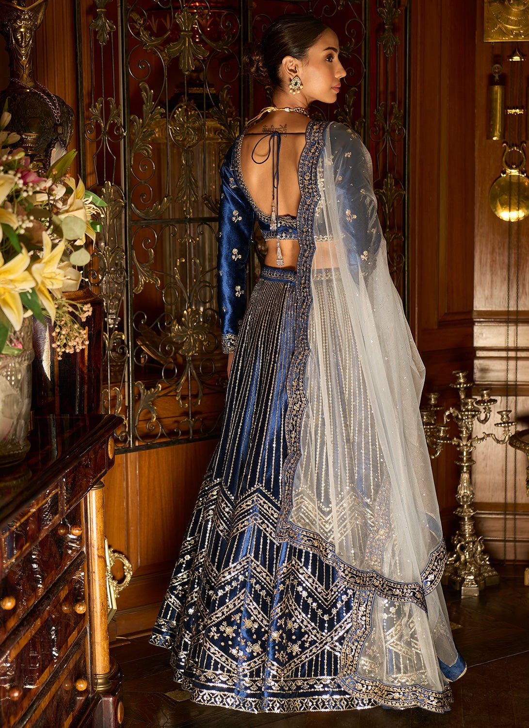 Blue Embroidered Velvet Lehenga - Lashkaraa