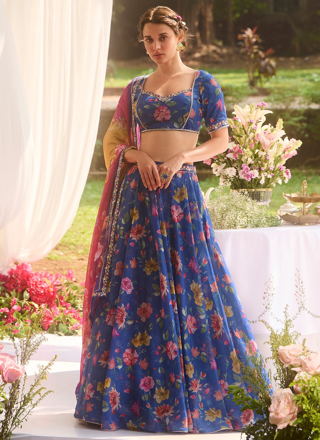 Blue Multicolor Floral Printed Chiffon Lehenga - Lashkaraa