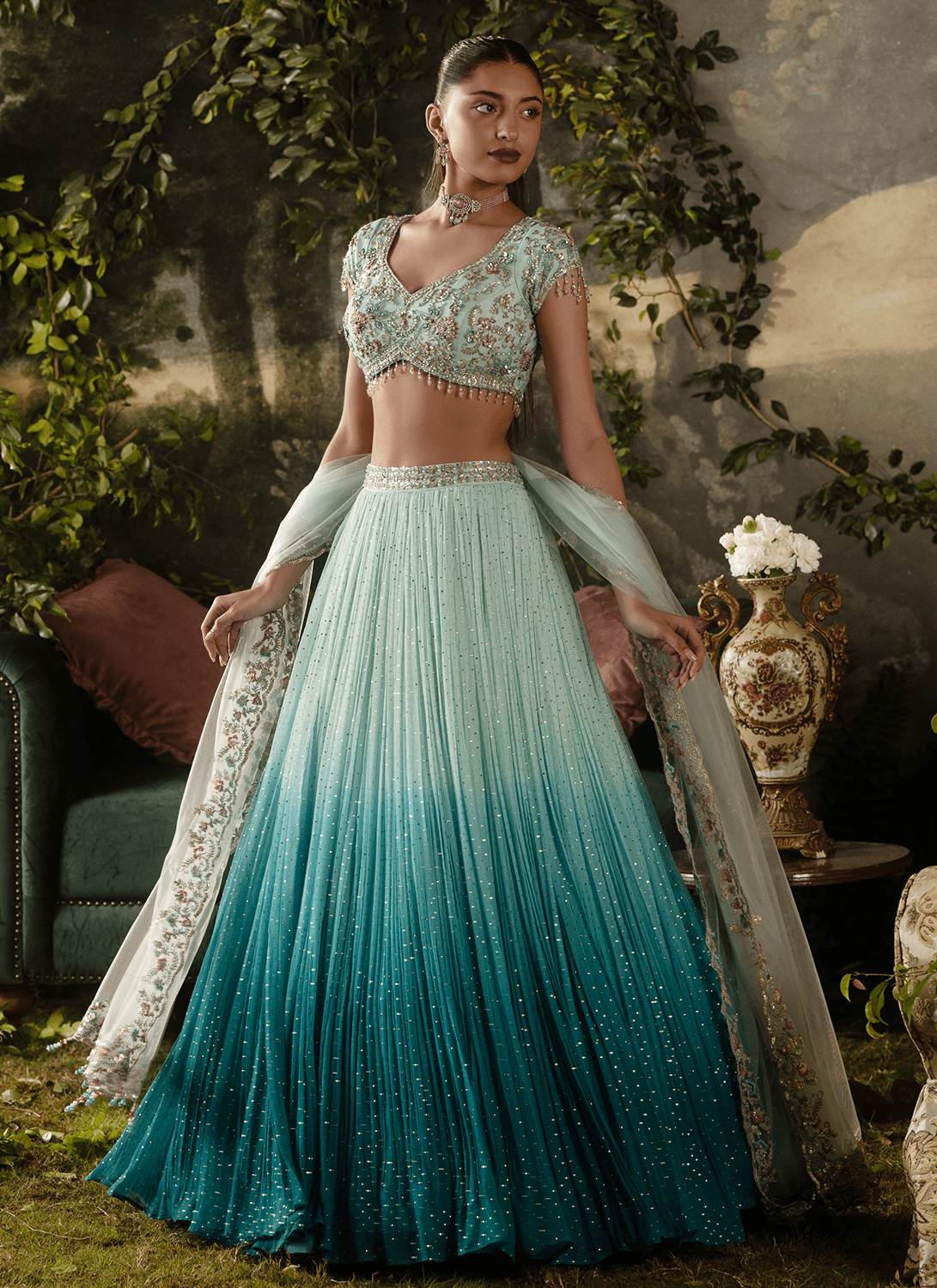 Blue Ombré Embroidered Georgette Lehenga - Lashkaraa