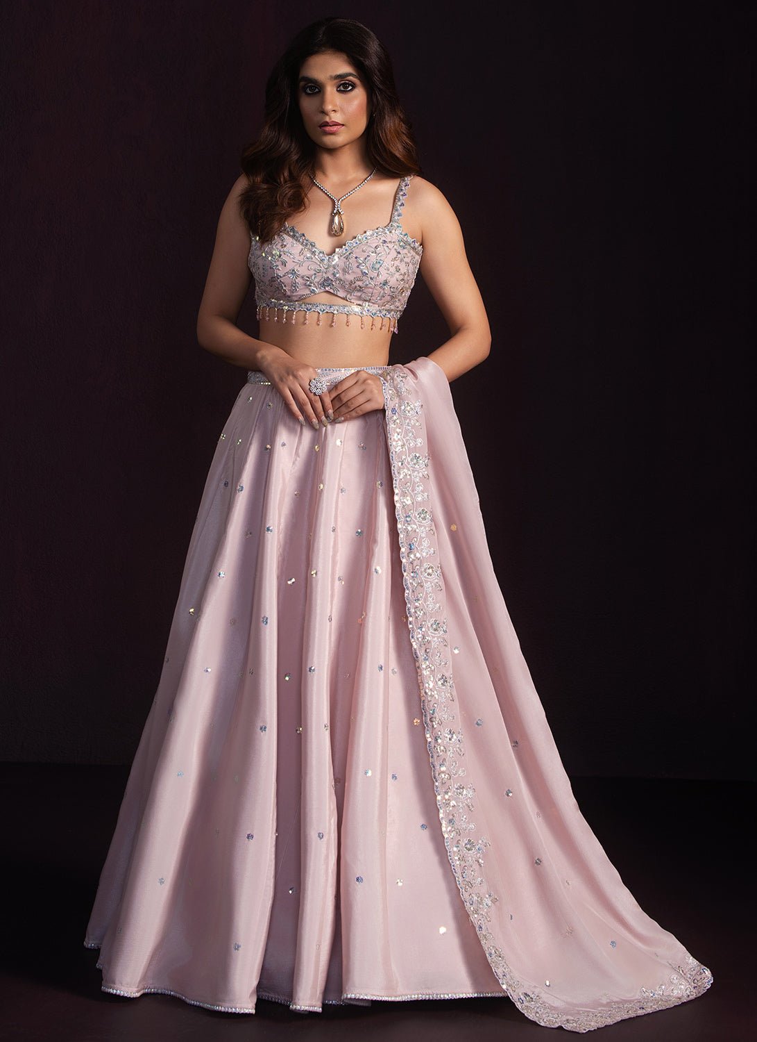 Blush Embroidered Crepe Lehenga - Lashkaraa