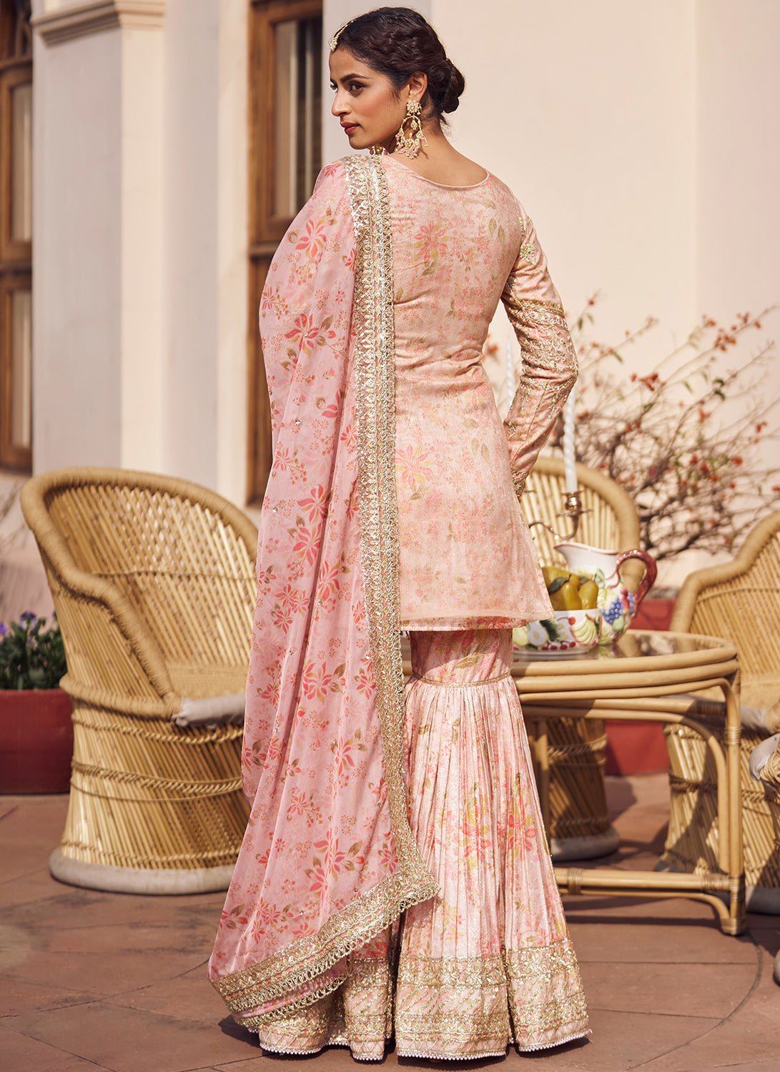 Blush Peach Floral Embroidered Gharara Suit - Lashkaraa