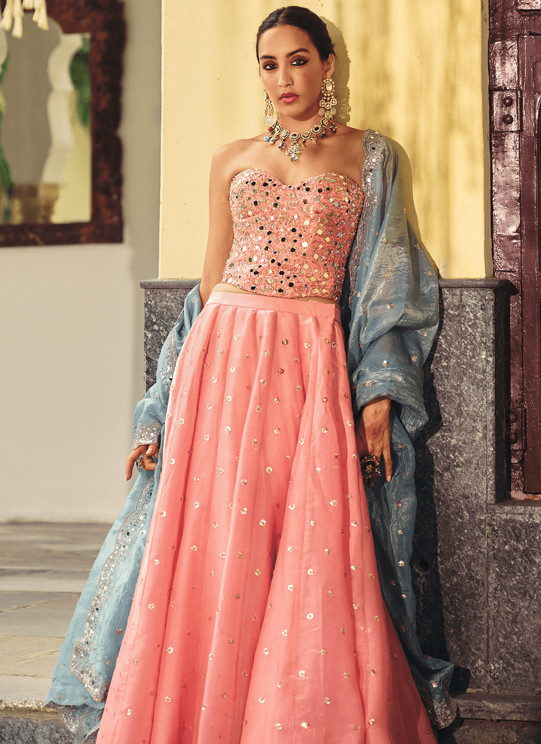 Blush Pink Embroidered Corset Style Lehenga - Lashkaraa