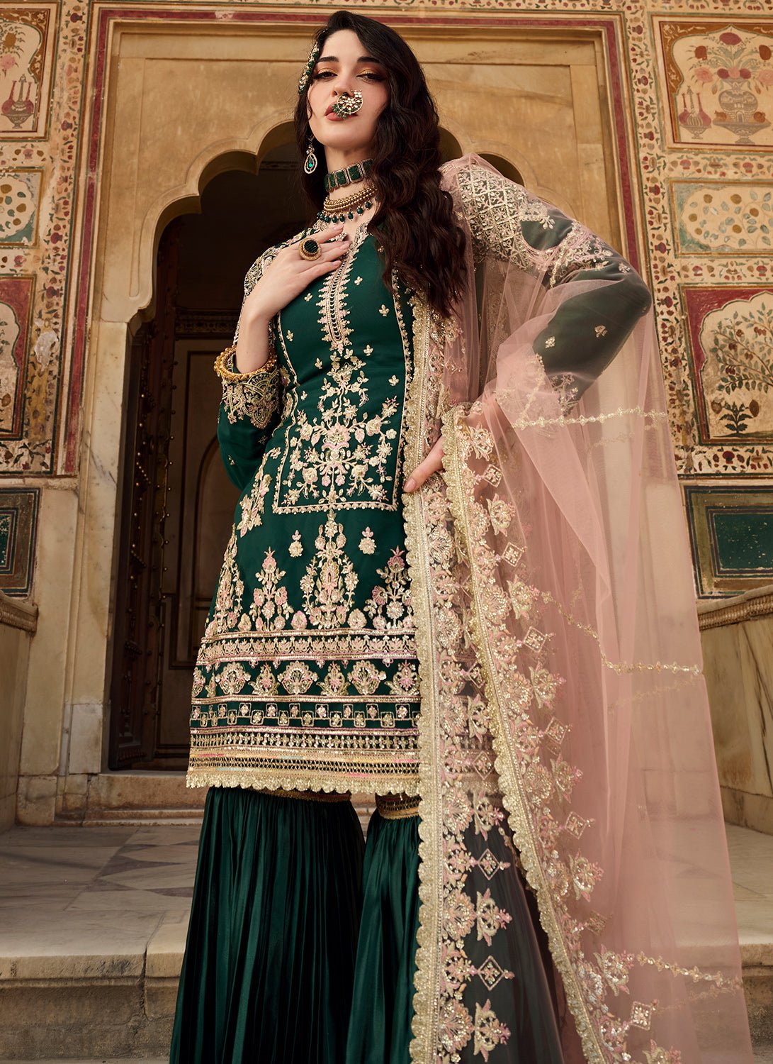 Bottle Green Embroidered Gharara Suit - Lashkaraa
