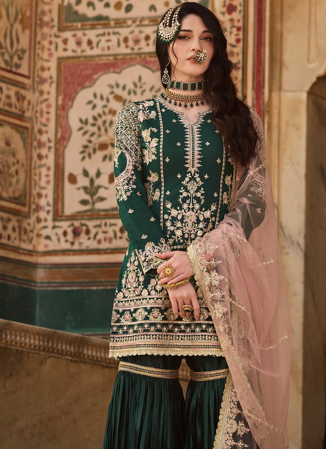 lashkaraa Bottle Green Embroidered Gharara Suit