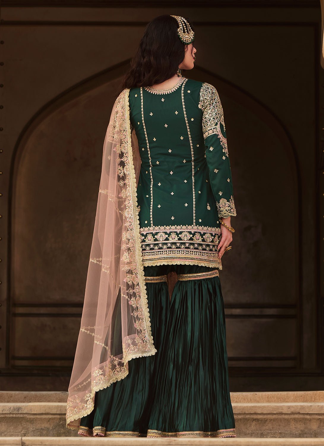 Bottle Green Embroidered Gharara Suit - Lashkaraa