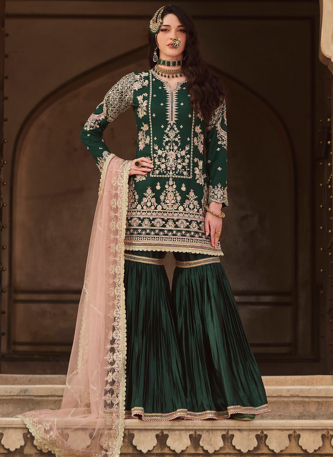 Bottle Green Embroidered Gharara Suit Bottle Green Embroidered Gharara Suit