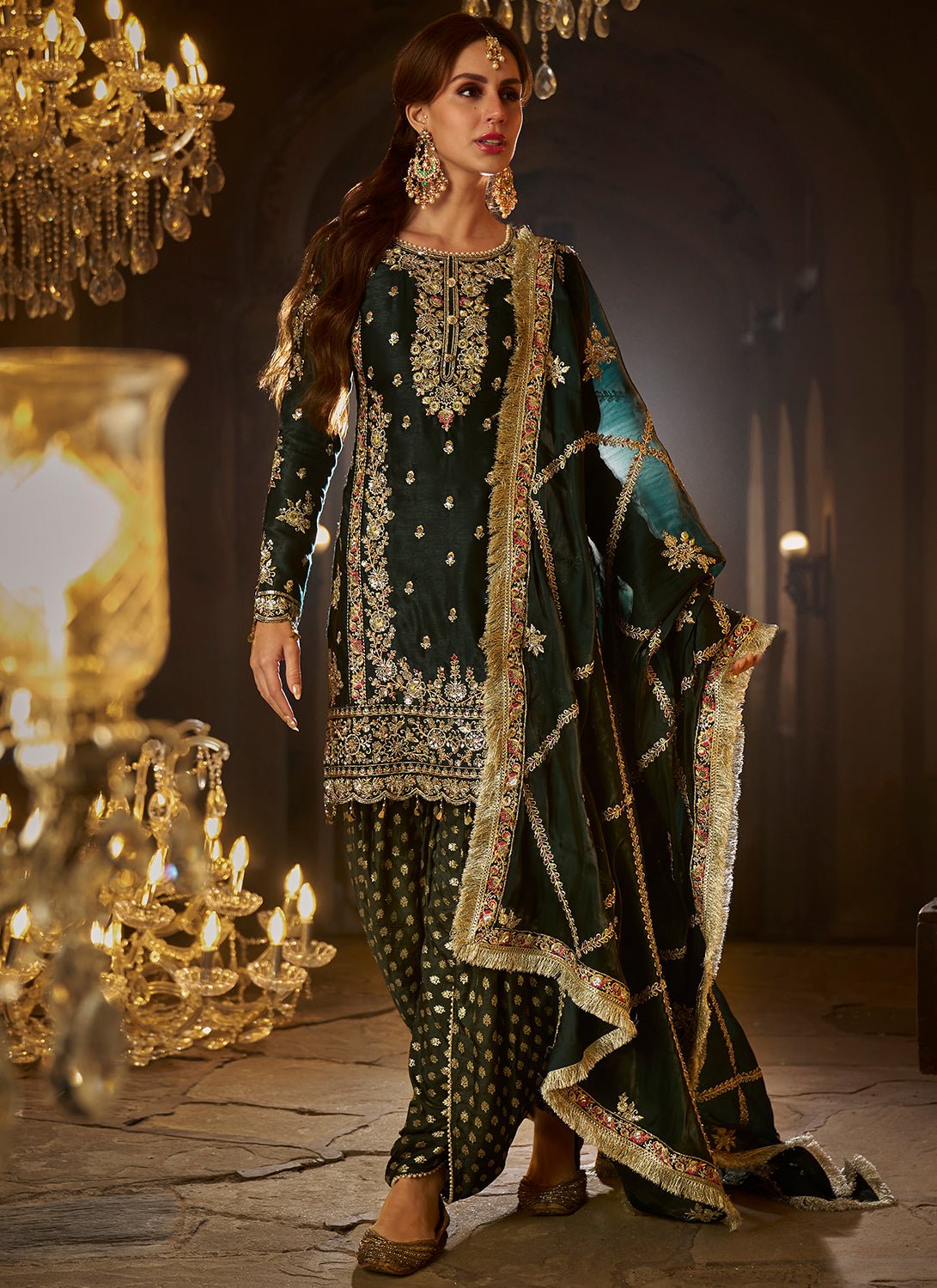 Bottle Green Embroidered Punjabi Suit - Lashkaraa