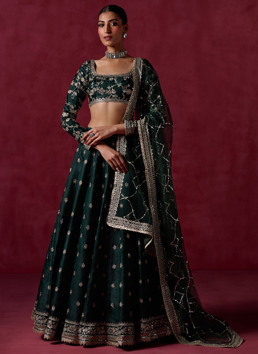 Bottle Green Embroidered Silk Lehenga - Lashkaraa