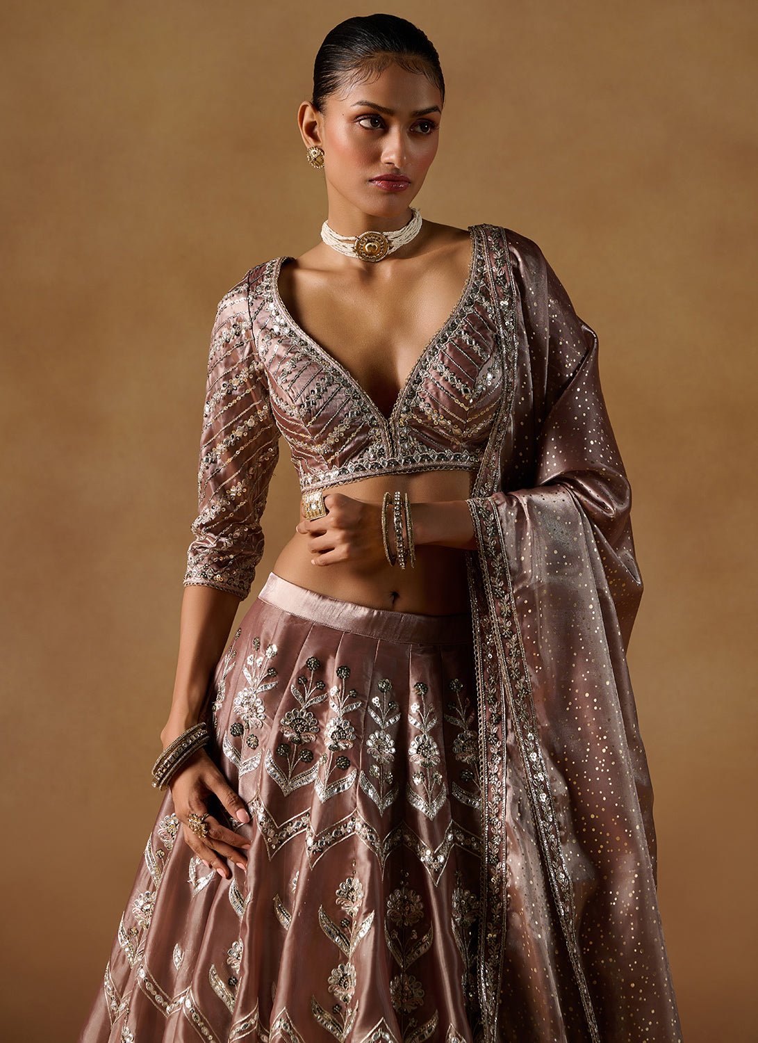 Brown Embroidered Tissue Lehenga - Lashkaraa